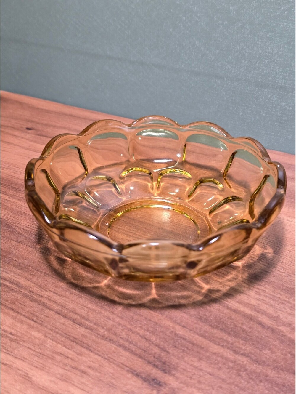 Vintage Amber Glass Bowl Scalloped Edge Thumbprint Mid Century 6 Inch